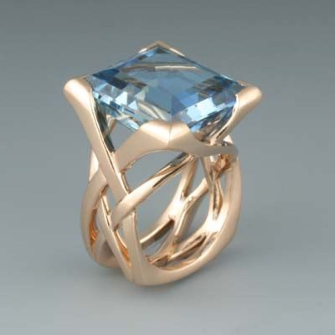 Vintage Roze Gouden Blauwe Zirkonia Ring