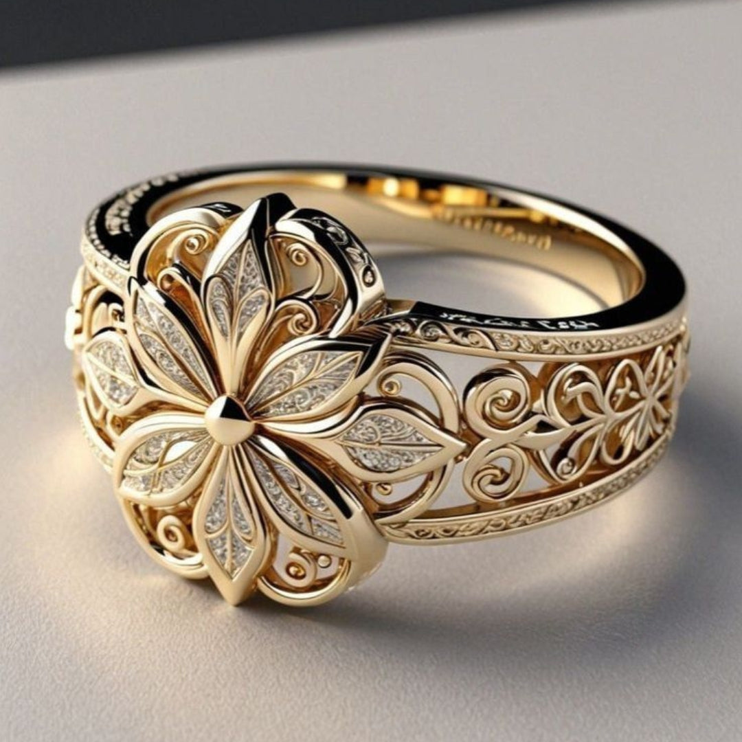 Daniella - Gouden ring met exotisch bloemenpatroon van zirkon